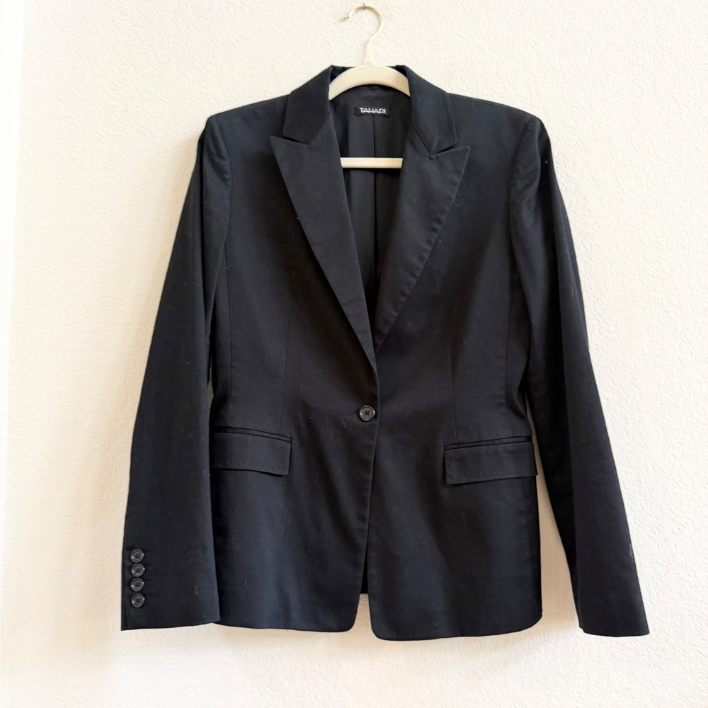 Tahari Womens Black Single Button Cotton Spandex Blazer Jacket Size 6